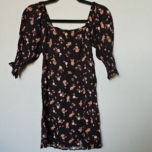 Mi Ami Black Square Neck Cottagecore Floral Mini Summer Dress XS